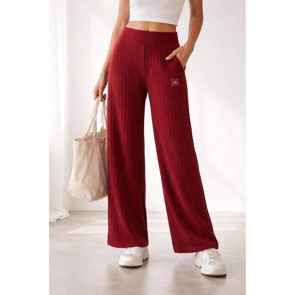 Alo Yoga Ribbed Wide Leg Lounge Pants Burgundy Red Size Small Athleisure